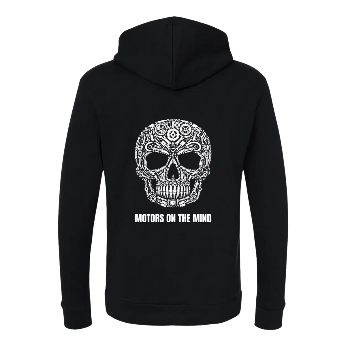 Black Motors on the Mind sweatshirt showing the engine-parts skull graphic on the back