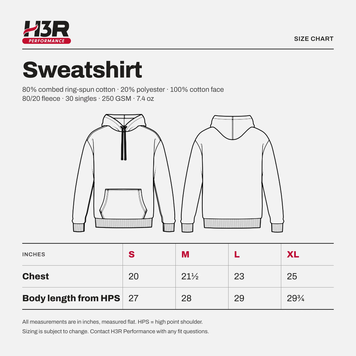 Motors on the Mind sweatshirt size chart