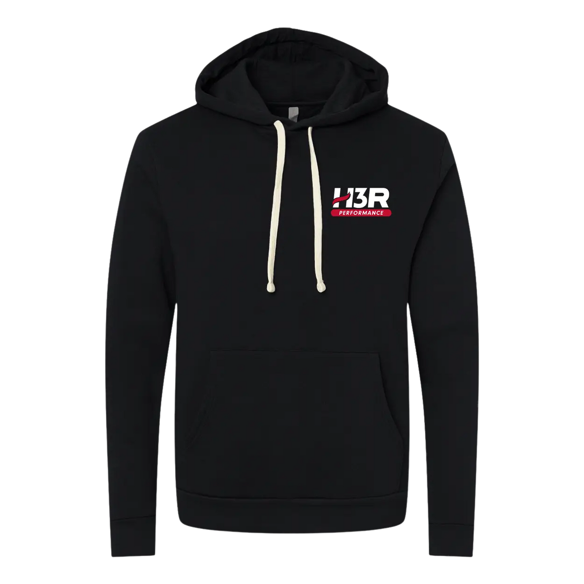 A black pullover hoodie with cream-colored drawstrings and a red and white 'H3R Performance' logo printed on the left chest
